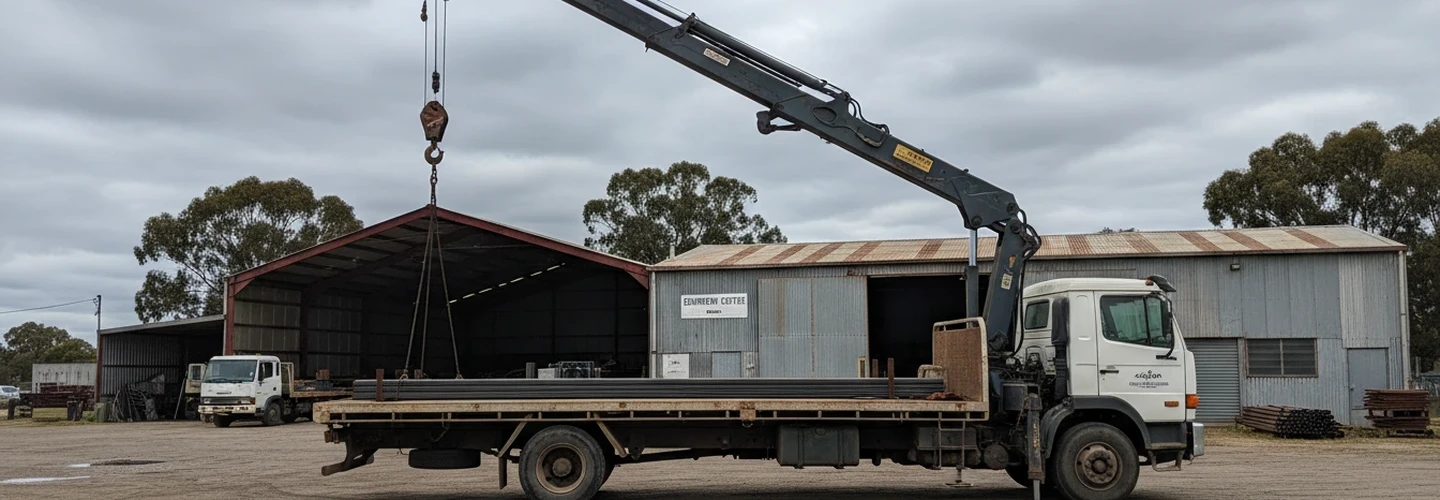 Flatbed truck loaded with a roller at dusk after hydraulic and mechanical repairs in Queanbeyan