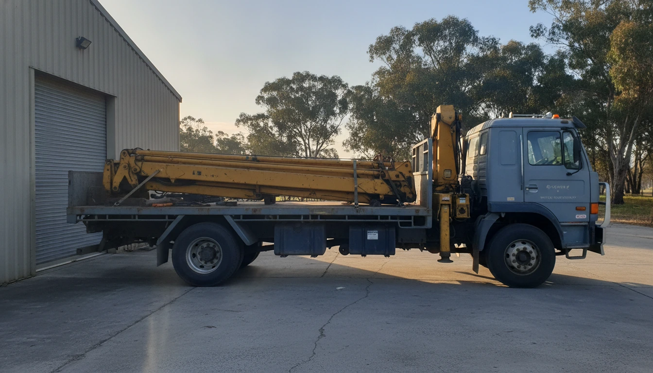 Flatbed truck with a vehicle loading crane parked outside the JW Hydraulics & Mechanical workshop in Queanbeyan