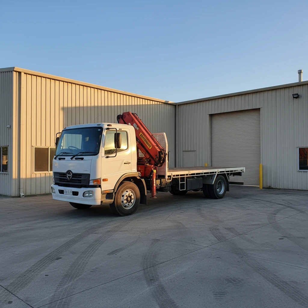 Vehicle loading crane boom extended from a flatbed truck during a crane service in Canberra