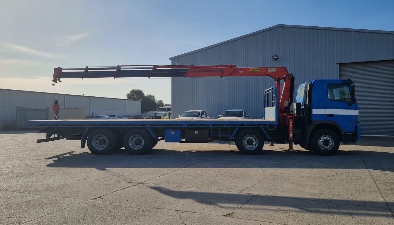 Flatbed truck with its vehicle loading crane boom extended outside a Canberra workshop at dusk